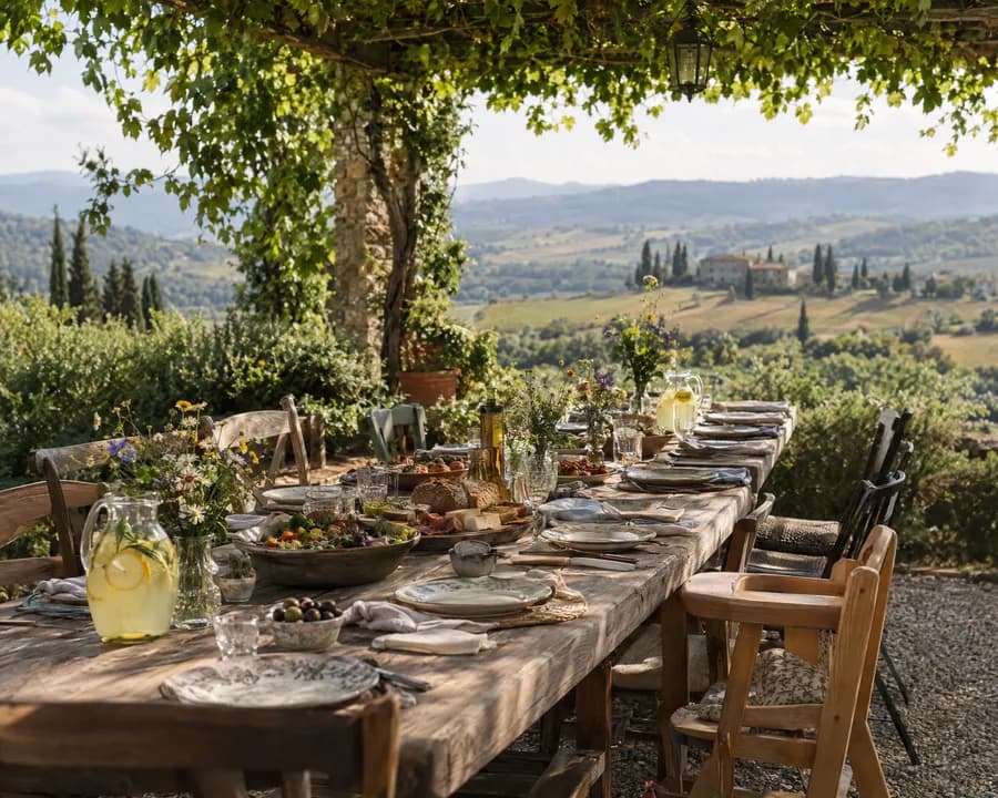 A long family lunch table under a vine pergola in the countryside