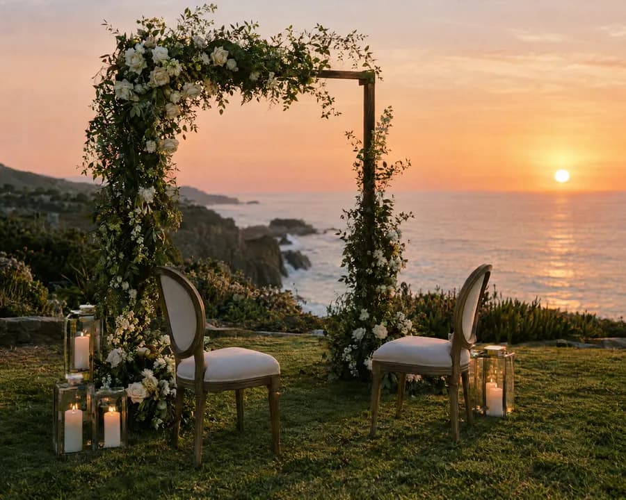Two chairs beneath a rose arch on a clifftop above the ocean