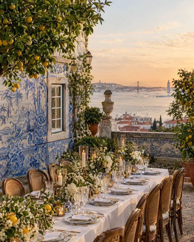 A wedding dinner beside azulejo walls above the Lisbon rooftops
