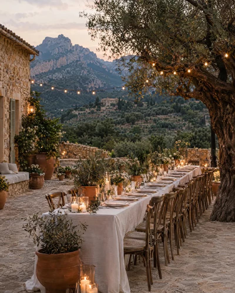 A wedding dinner in a stone finca courtyard in the Mallorcan mountains