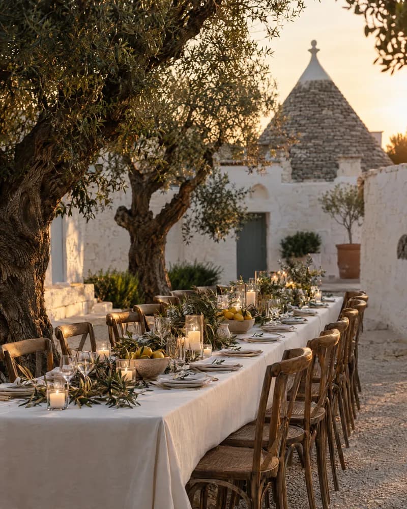 A candlelit wedding table beneath olive trees at a Puglian masseria